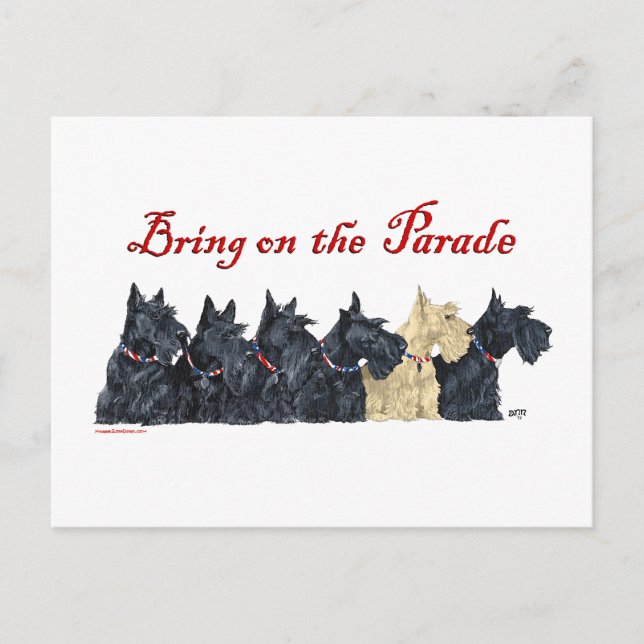 Svarta och vete-gulbruna skotska terrier vykort (Framsida)