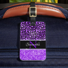 Svarta och violetta leopardfläckar Glam Monogram Bagagebricka