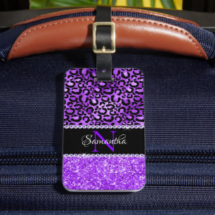 Svarta och violetta leopardfläckar Glam Monogram Bagagebricka