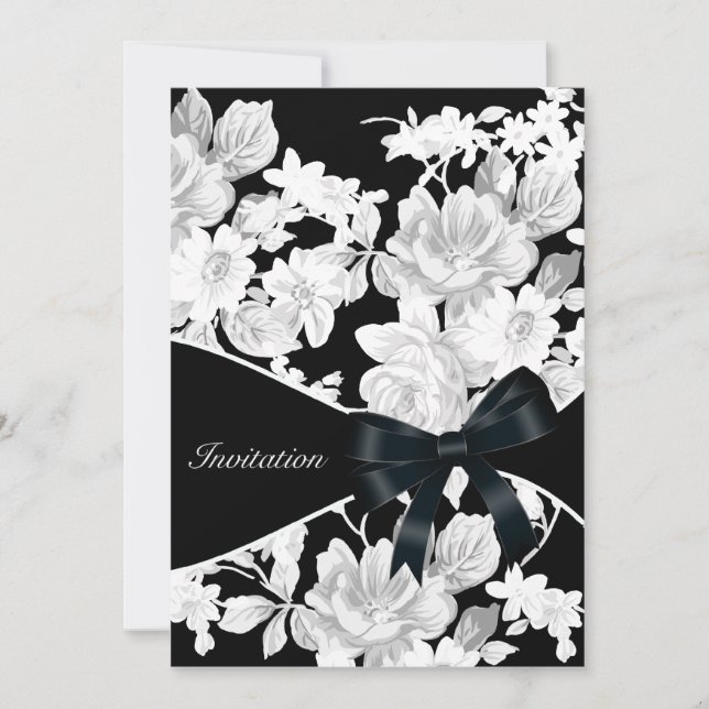 Svarta och Vit ros Födelsedagsfest Inbjudningar (Framsida)