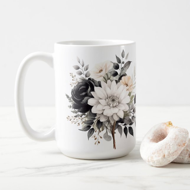 Svarta och Vit ros och Daisy på vita Kaffemugg (Med munk)