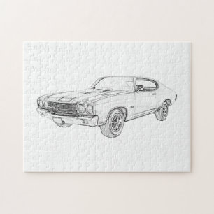 Svarta och vita 1970 Chevelle Teckning Pussel