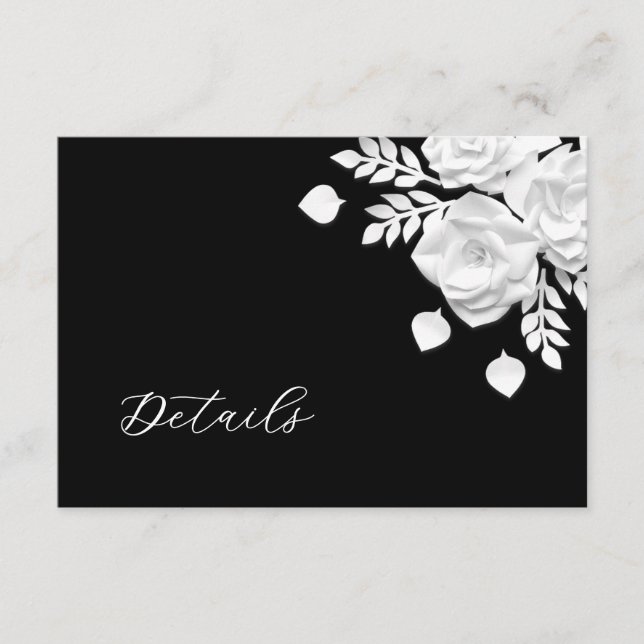 Svarta och vita 3D-blommor Bröllopsdetaljer Tilläggskort (Framsida)