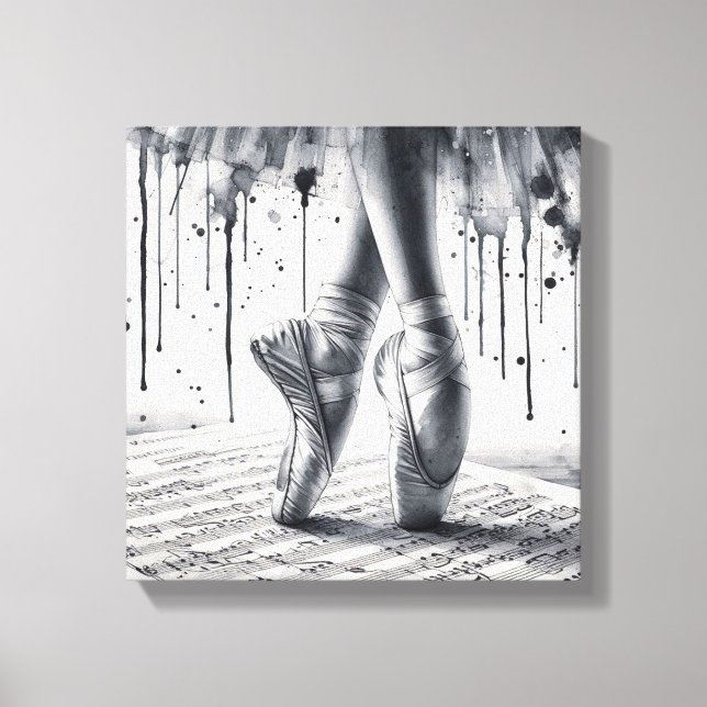 Svarta och vita balettskor på sträckt canvas (Framsida)