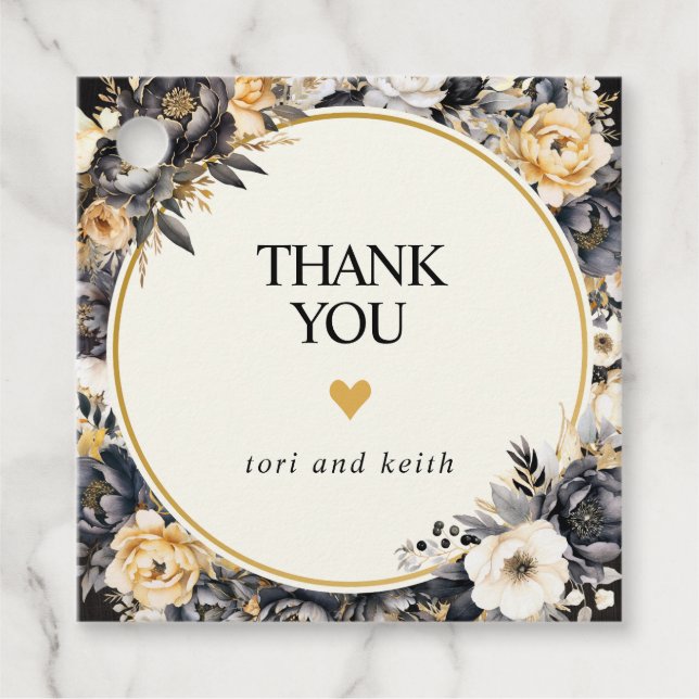 Svarta och vita blommiga presentkort gåvor etiketter (Framsida)