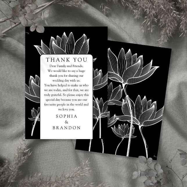 Svarta och vita Blommigten Bröllop Tack Placeringskort (Black And White Floral Wedding Thank You Place Card)