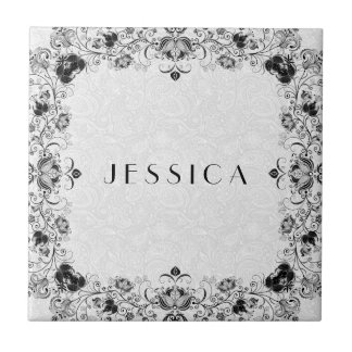 Svarta och vita Blommigten Snöre Ram Kakelplatta