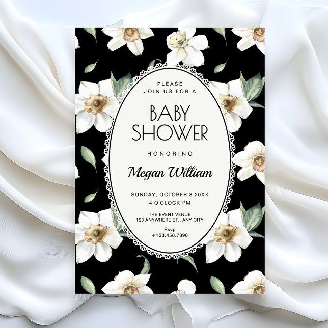Svarta och vita blommor baby shower inbjudningar (Skapare uppladdad)