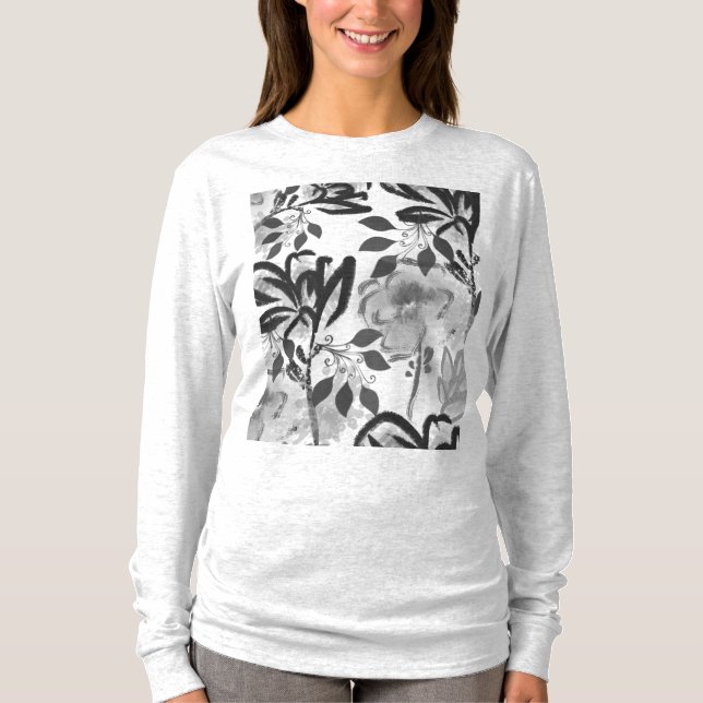 Svarta och vita blommor Botaniska Mönster T Shirt (Framsida)
