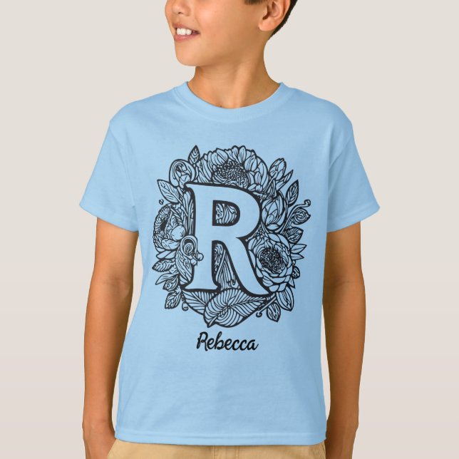 Svarta och vita blommor i tatueringsstil med monog t shirt (Framsida)