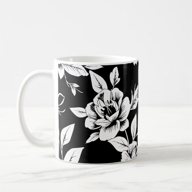 Svarta och vita blommor kaffemugg (Vänster)