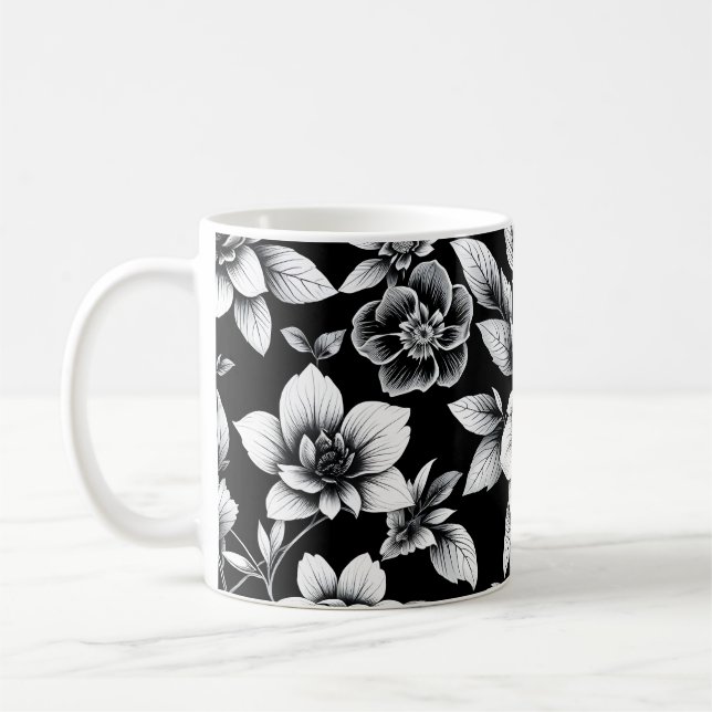 Svarta och vita blommor  kaffemugg (Vänster)