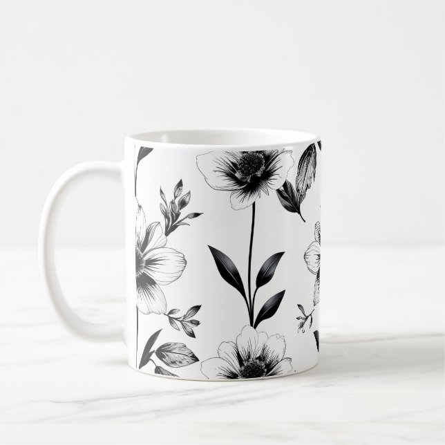 Svarta och vita blommor  kaffemugg (Vänster)