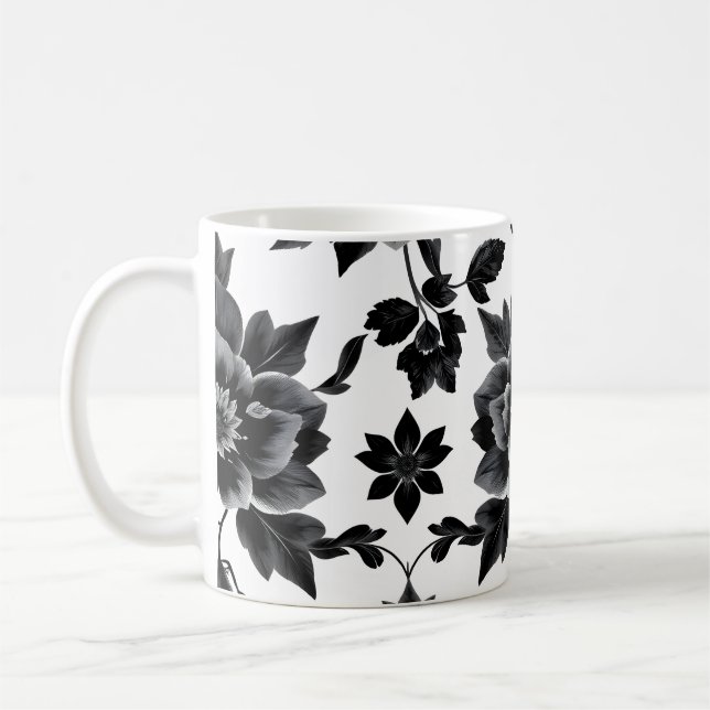 Svarta och vita blommor  kaffemugg (Vänster)