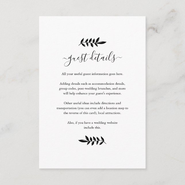 Svarta och vita blomsterkransar bröllopsdetaljer tilläggskort (Framsida)