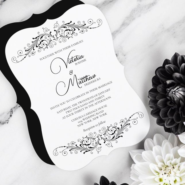 Svarta och vita blomsterproducerande Bröllop Inbjudningar (Black and white elegance for a beautiful wedding with a color scheme that can be done any season.)