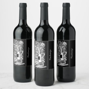 Svarta och vita böcker och vin 4 vinflaska etikett