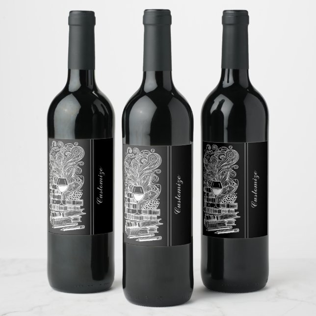 Svarta och vita Bokar och Vin 3 Vinflaska Etikett (Flaskor)