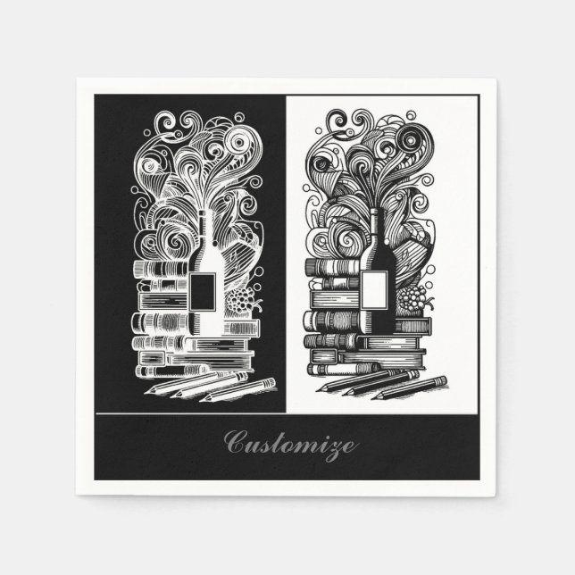 Svarta och vita Bokar och Vin Pappersservett (Framsidan)