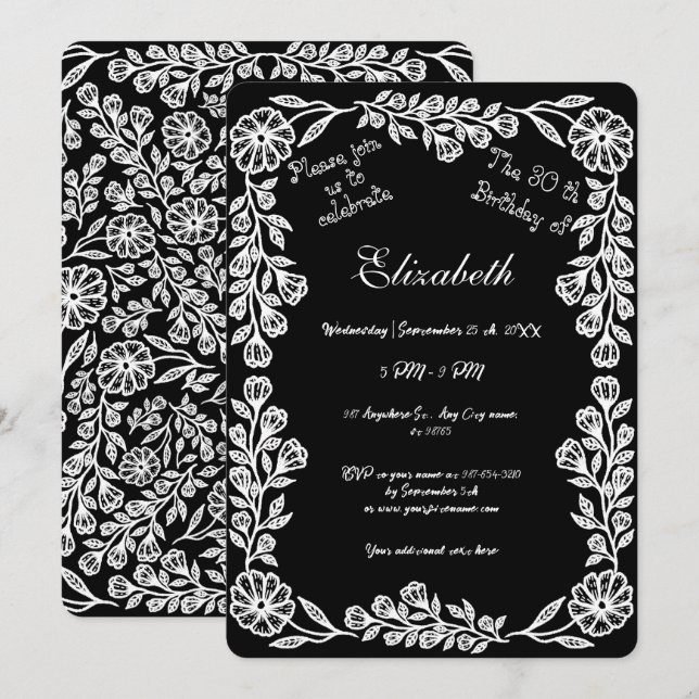 Svarta och vita botaniska Blommigten 30års födelse Inbjudningar (Fram/baksida)