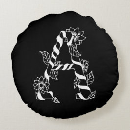 Svarta och vita Brev ’A’ med Väntblommor Rund Kudde