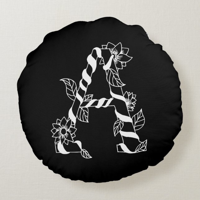 Svarta och vita Brev ’A’ med Väntblommor Rund Kudde (Baksidan)