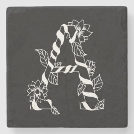 Svarta och vita Brev ’A’ med Väntblommor Stenunderlägg