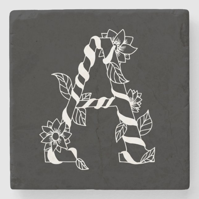 Svarta och vita Brev ’A’ med Väntblommor Stenunderlägg (Framsidan)