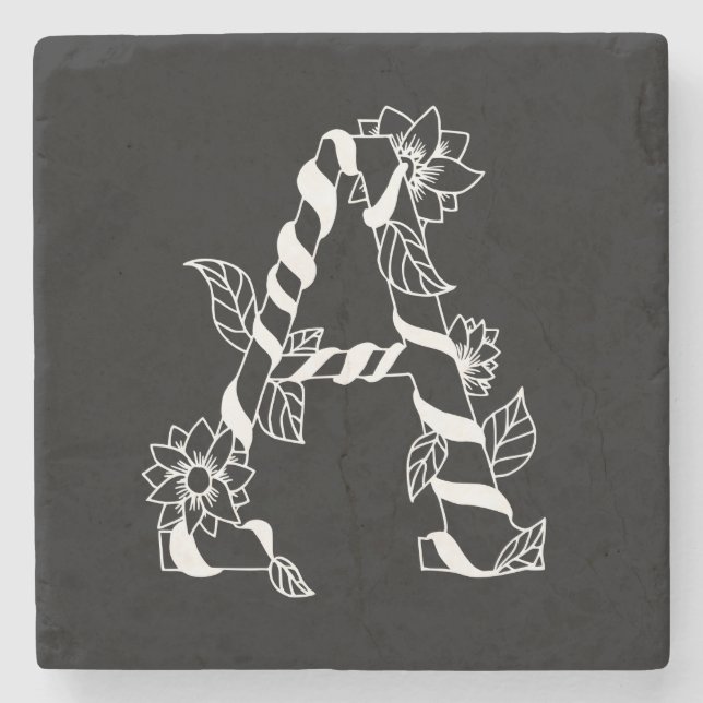 Svarta och vita Brev ’A’ med Väntblommor Stenunderlägg (Framsidan)