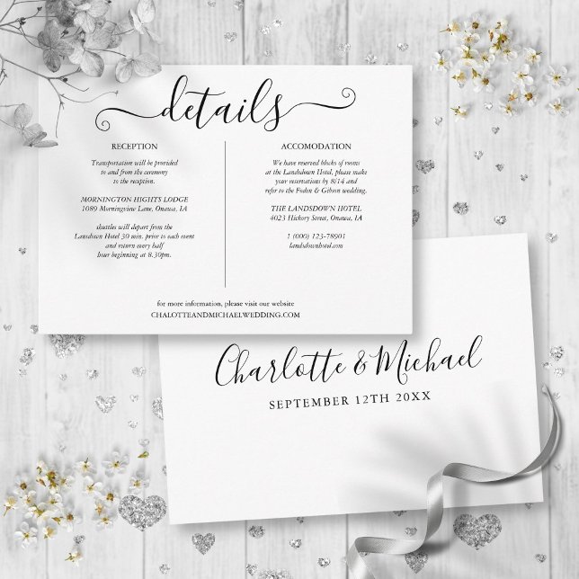 Svarta och vita bröllopsdetaljer Information Tilläggskort (Black And White Wedding Details Information Enclosure Card)