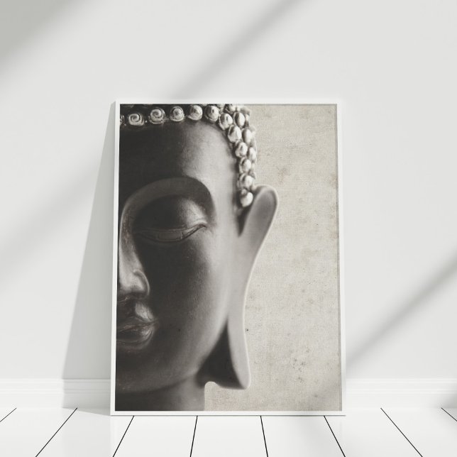 Svarta och vita Buddha Ansikte Poster (Black and White Buddha Face Poster in white frame.)