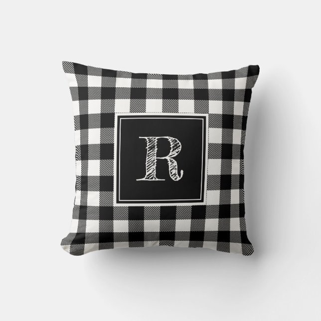 Svarta och vita Buffalo Plaid Monogram Kudde (Framsida)