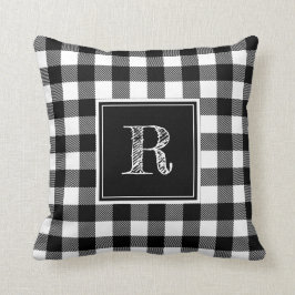 Svarta och vita Buffalo Plaid Monogram Kudde