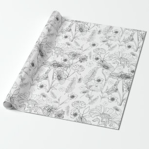 Svarta och vita daisy, blommigt mönster presentpapper