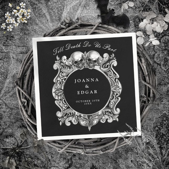 Svarta och vita Döskallar gotin Bröllop Pappersservett (Black And White Skulls Gothic Wedding Napkins)
