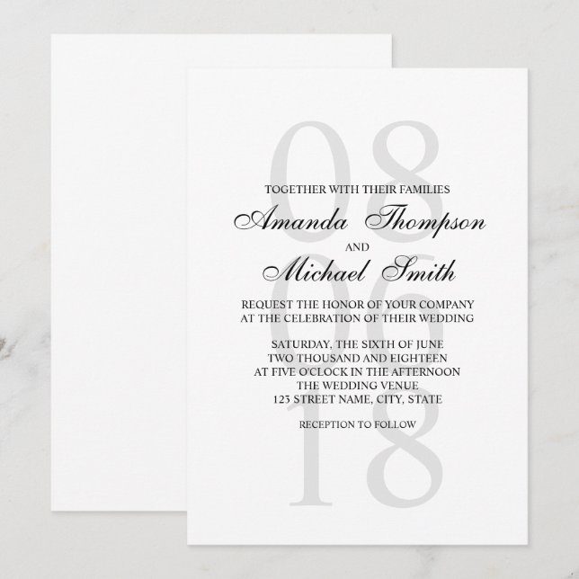 Svarta och vita Elegant bröllop Inbjudningar (Fram/baksida)