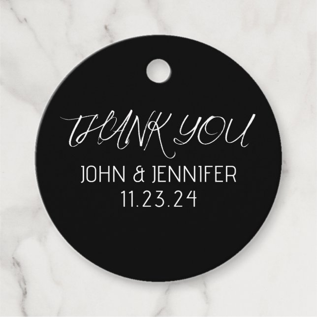 Svarta och vita Elegant bröllop Tack Gåvor Etiketter (Framsida)