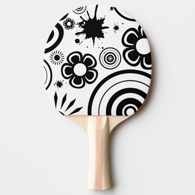 Svarta och vita fantasifulla blommor, cirklar, flä pingisracket (Framsidan)