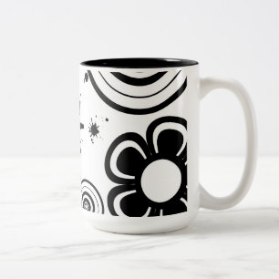 Svarta och vita fantasifulla blommor, cirklar, flä Två-Tonad mugg