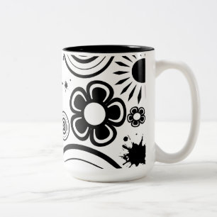 Svarta och vita fantasifulla blommor, cirklar, flä Två-Tonad mugg