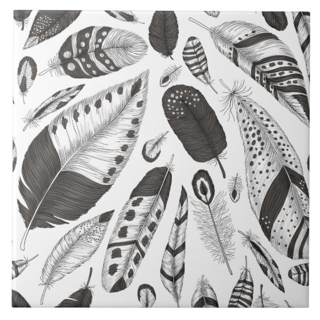 Svarta och vita fjädrar mönster kakelplatta (Framsidan)
