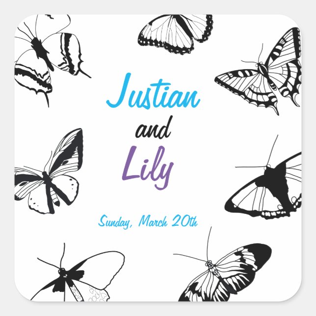 Svarta och vita fjärilar fyrkantigt klistermärke (Framsida)