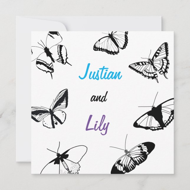 Svarta och vita fjärilar inbjudningar (Framsida)