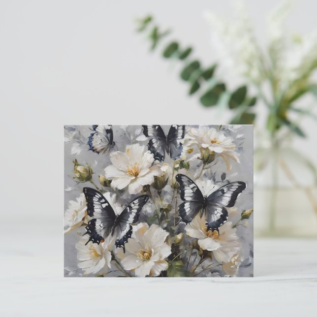 Svarta och vita fjärilar på vita blommor. (Stående Fram)