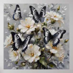 Svarta och vita fjärilar på vita blommor. poster