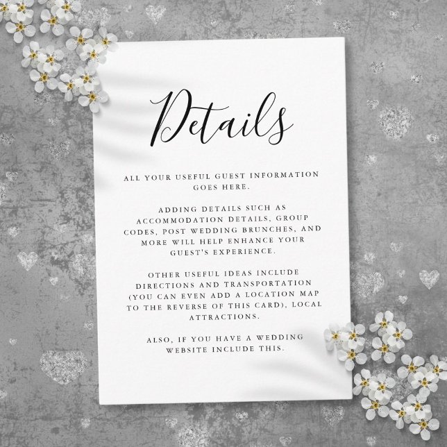 Svarta och vita gästinformationsskript Detaljer  Tilläggskort (Black And White Guest Information Script Details Enclosure Card)