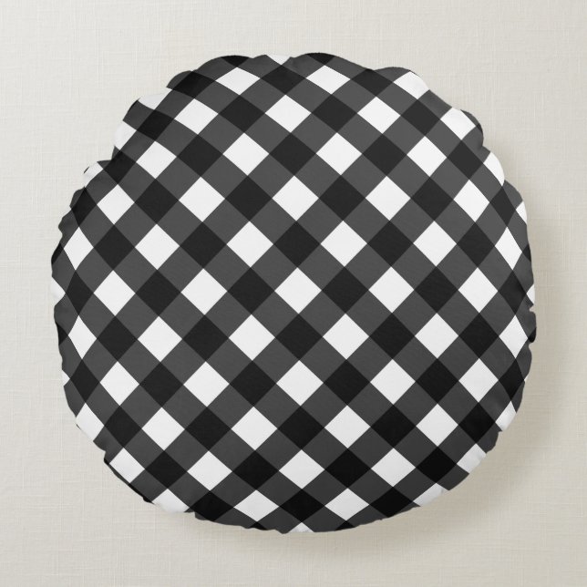 Svarta och vita Gingham Rund Kudde (Framsidan)
