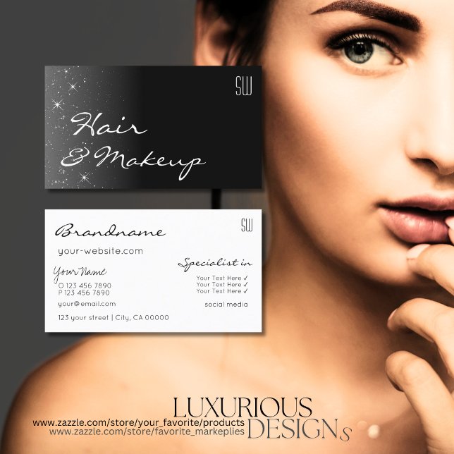 Svarta och vita Glitter-stjärnor med Monogram Mode Visitkort (Skapare uppladdad)