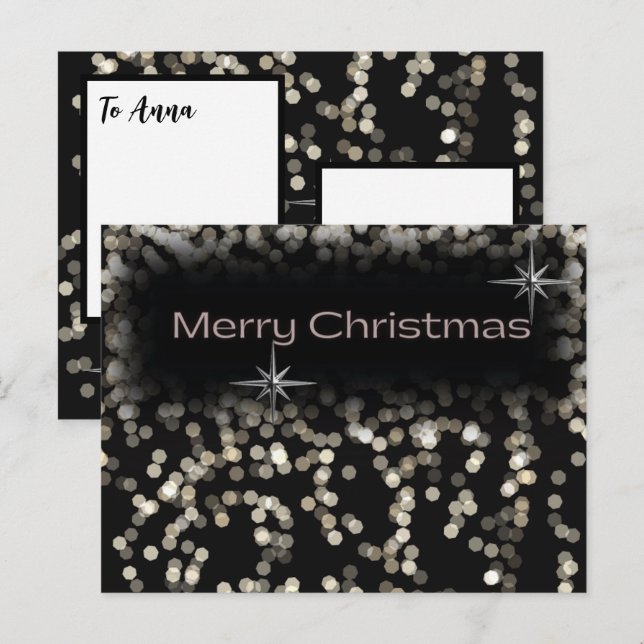 Svarta och vita glittrande stjärnor God Jul  Inbjudan Vykort (Fram/baksida)
