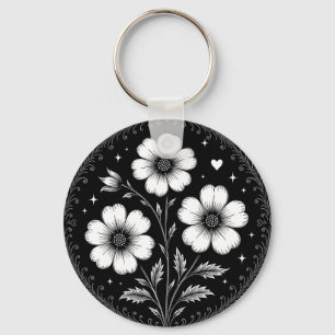 Svarta och vita gotiska blommor nyckelring